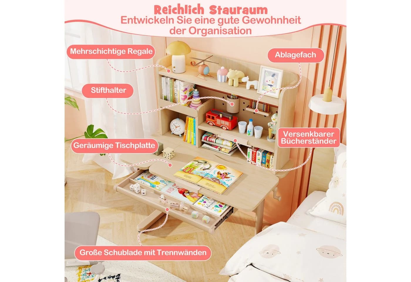 COSTWAY Kindertisch mit Regal & Schublade, höhenverstellbar, ab 3 Jahre - Bild 5