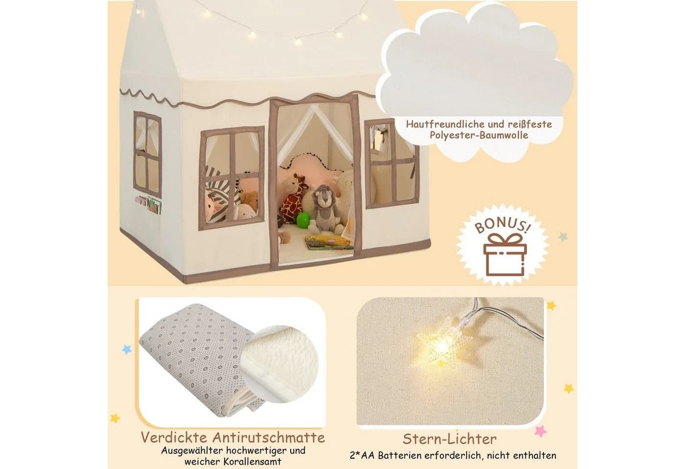 COSTWAY Spielzelt Indoor Kinderzelt Gelb Sternenlichter