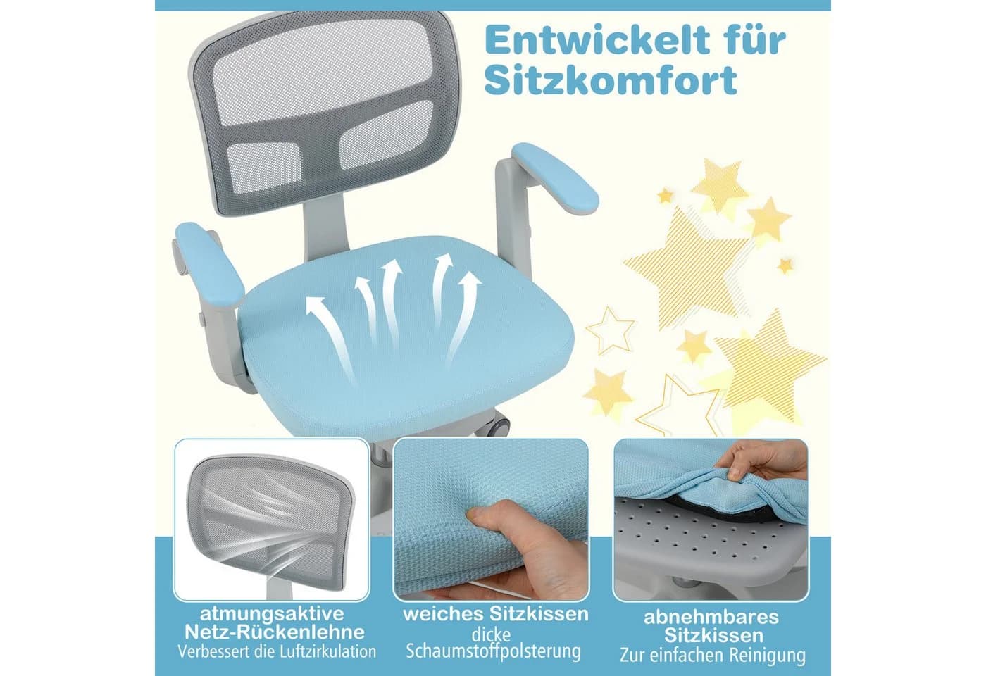 COSTWAY Drehstuhl Kinder Blau 5 Rollen Schreibtischstuhl Höhenverstellbar - Bild 5