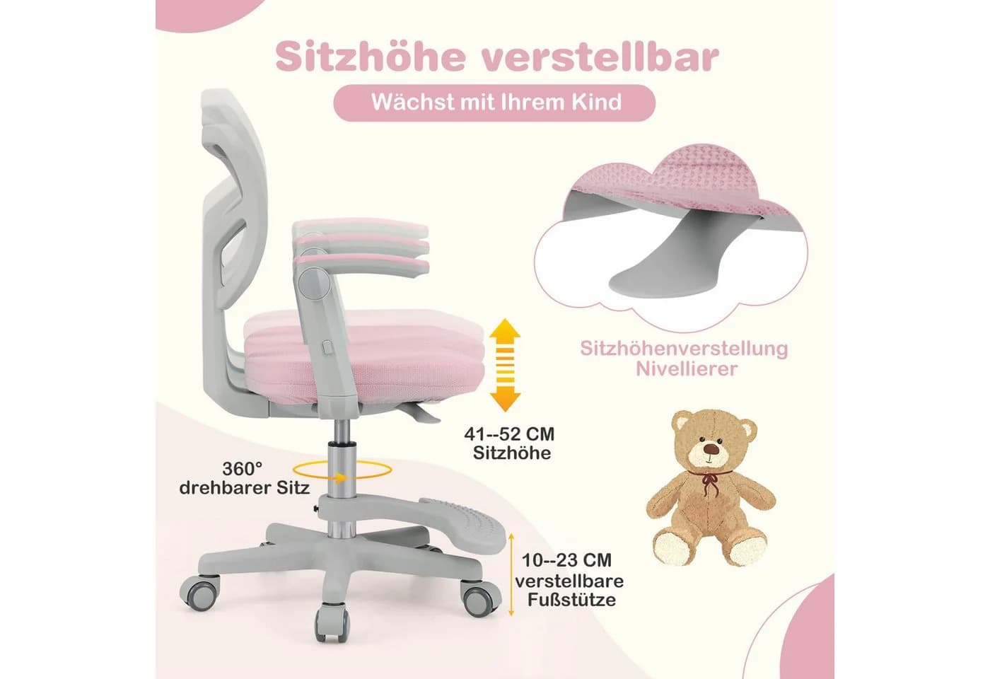 COSTWAY Drehstuhl Kinder Rosa 5 Rollen Schreibtischstuhl Höhenverstellbar - Bild 3