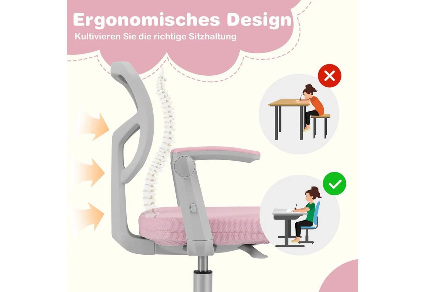 COSTWAY Drehstuhl Kinder Rosa 5 Rollen Schreibtischstuhl Höhenverstellbar - Bild 4