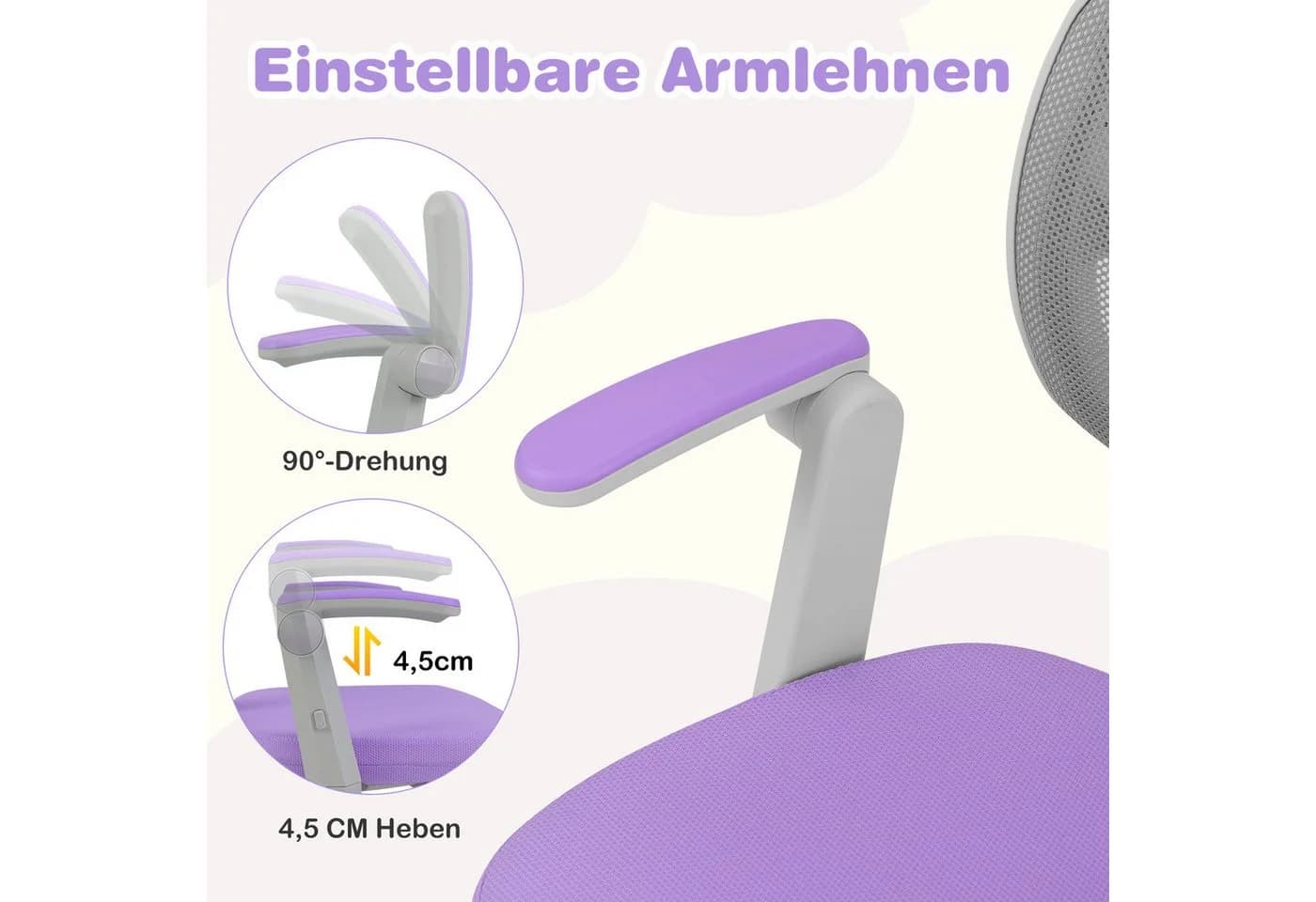 COSTWAY Drehstuhl Kinder Lila 5 Rollen Schreibtischstuhl Höhenverstellbar - Bild 5