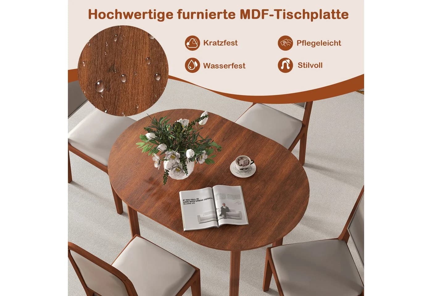COSTWAY ovaler Esstisch Holz Walnuss 110x78x77cm - Bild 4