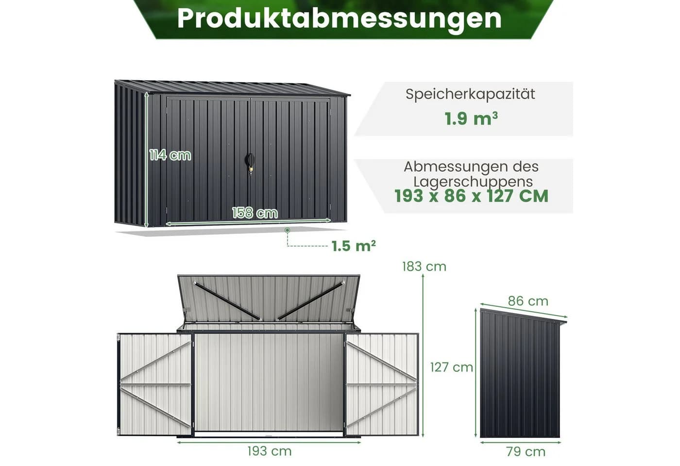 COSTWAY Mülltonnenbox Gerätehaus Grau 193x86x127 cm - Bild 3