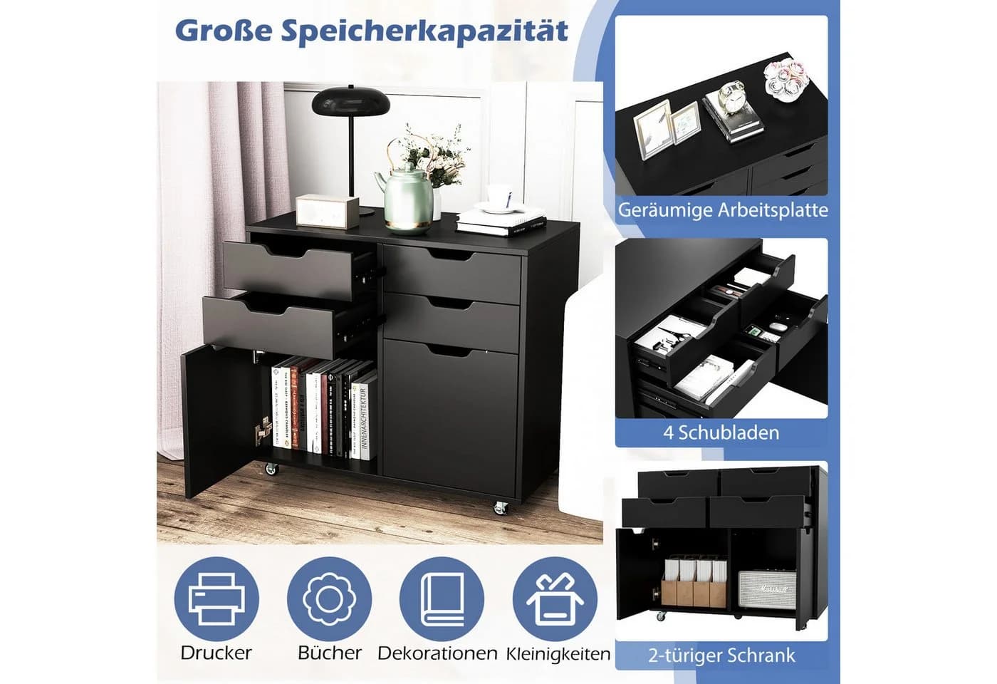 COSTWAY Rollcontainer mit 4 Schubladen, 2 Türen, Büroschrank mit Rollen - Bild 3