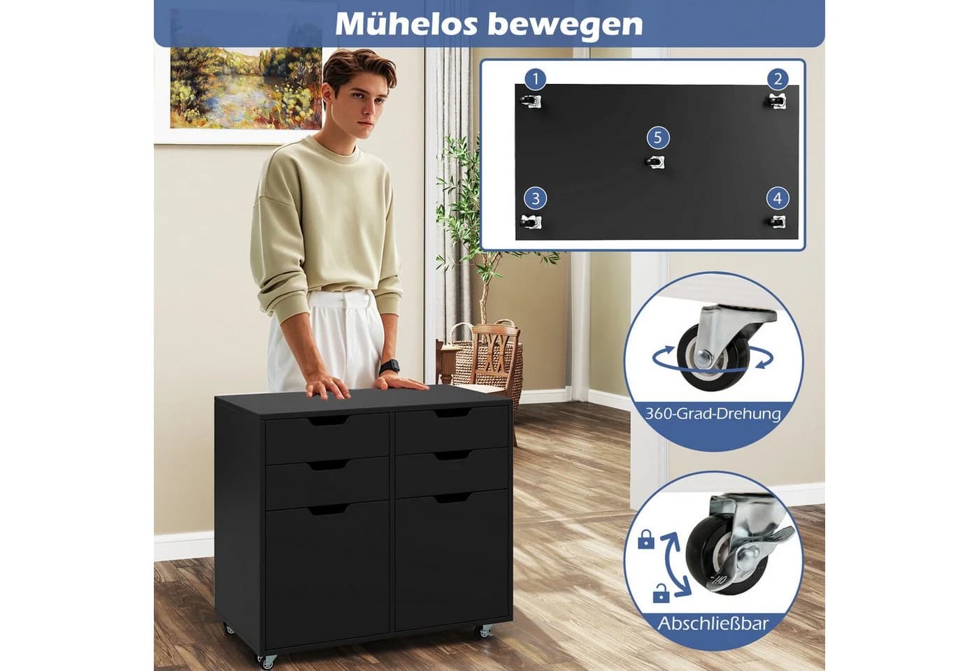 COSTWAY Rollcontainer mit 4 Schubladen, 2 Türen, Büroschrank mit Rollen - Bild 4