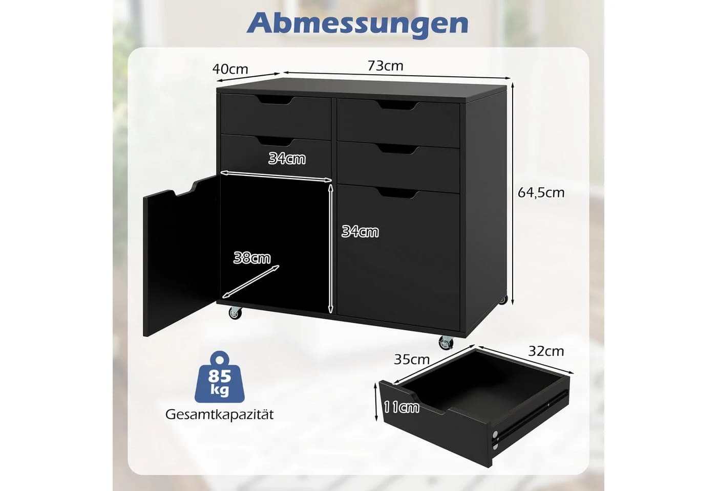 COSTWAY Rollcontainer mit 4 Schubladen, 2 Türen, Büroschrank mit Rollen - Bild 5