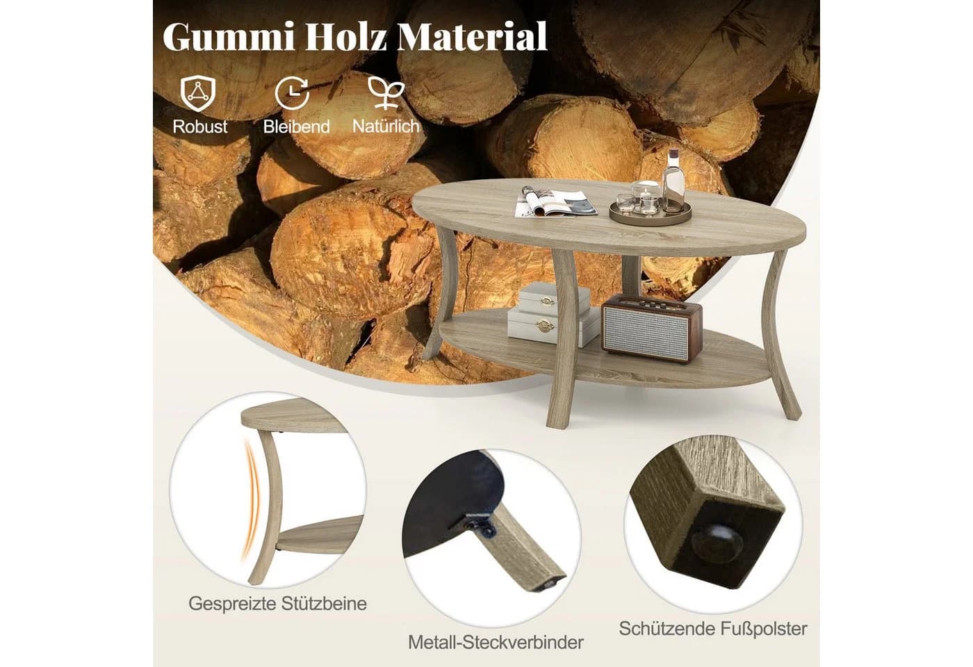 Rustikaler Couchtisch aus Gummibaumholz in Grau und Eiche - Bild 4