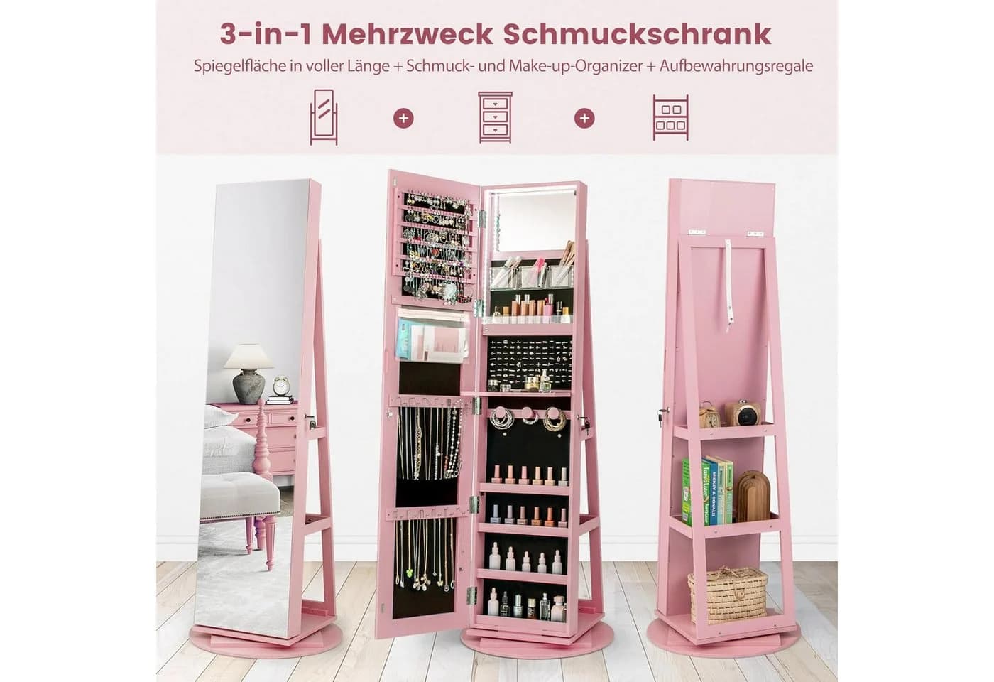 COSTWAY Schmuckschrank Weiß mit Ganzkörperspiegel & LED stehend, drehbar, abschließbar - Bild 3