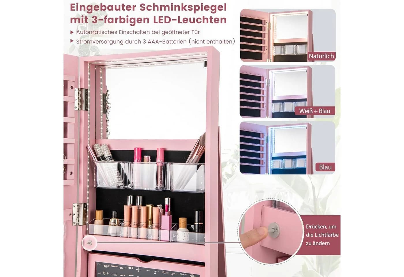 COSTWAY Schmuckschrank Weiß mit Ganzkörperspiegel & LED stehend, drehbar, abschließbar - Bild 4