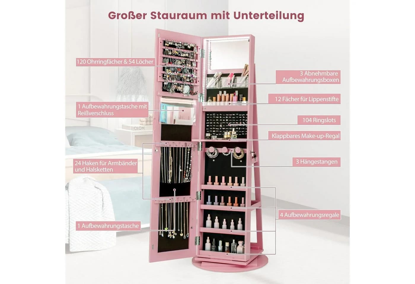 COSTWAY Schmuckschrank Weiß mit Ganzkörperspiegel & LED stehend, drehbar, abschließbar - Bild 5