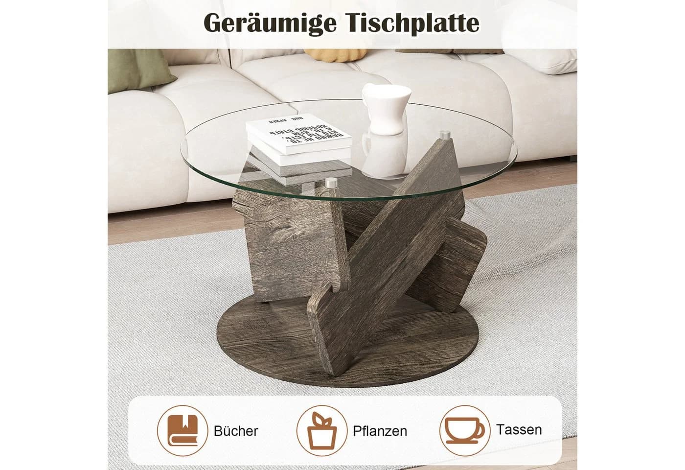 COSTWAY Couchtisch Rund Grau Massivholz 81cm - Bild 3