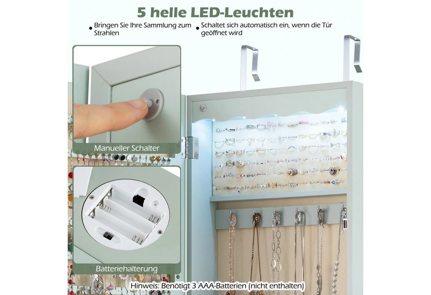 COSTWAY Schmuckschrank mit LED & Ganzkörperspiegel für Tür und Wand - Bild 4