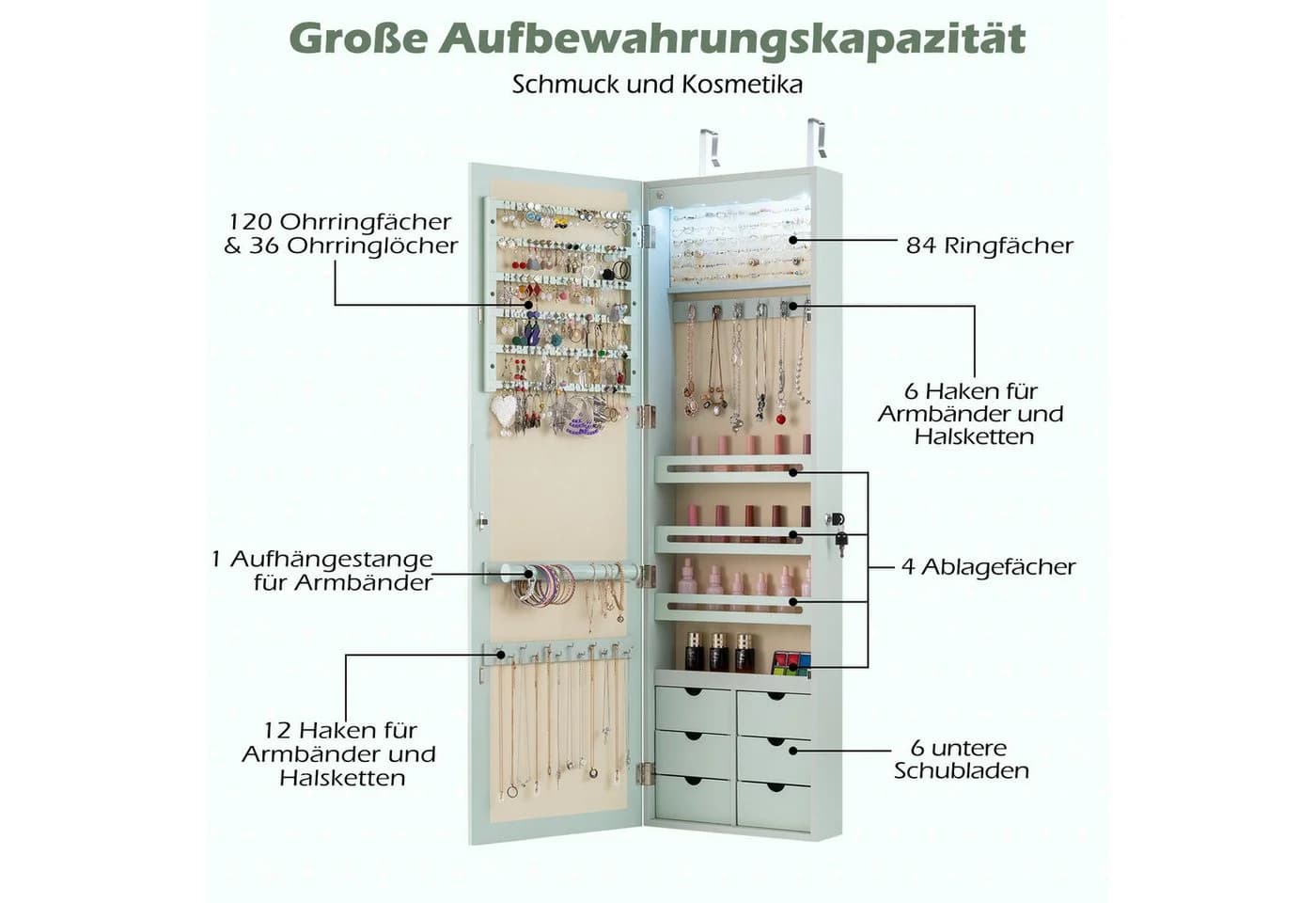 COSTWAY Schmuckschrank mit LED & Ganzkörperspiegel für Tür und Wand - Bild 5