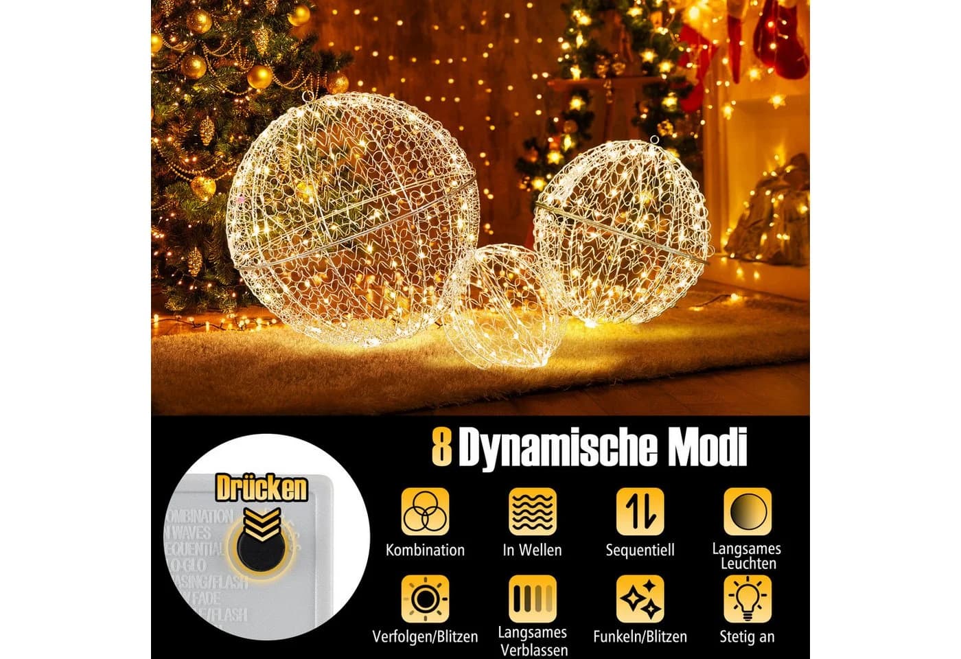 COSTWAY LED Weihnachtskugeln 3er-Set Silber Metall - Bild 3
