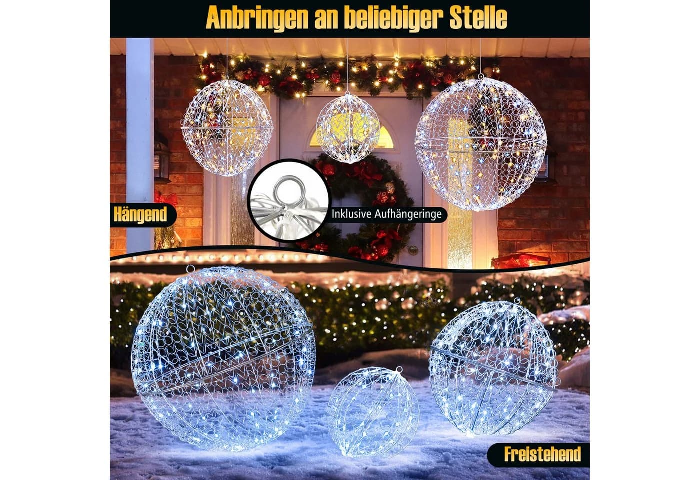 COSTWAY LED Weihnachtskugeln 3er-Set Silber Metall - Bild 4