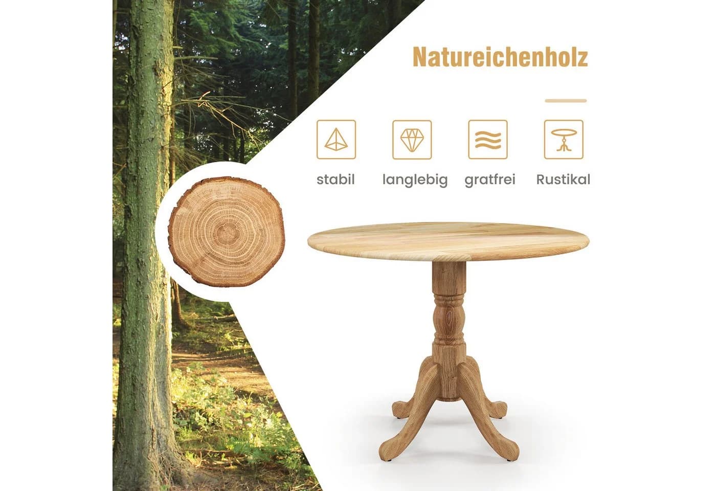 COSTWAY Runder Küchentisch aus Massivholz 100x73 cm Natur - Bild 3