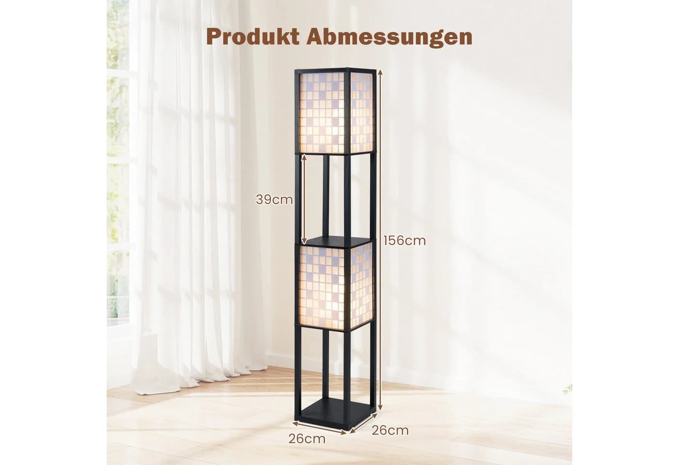 COSTWAY Stehleuchte 156 cm Holzregal Schwarz - Bild 3