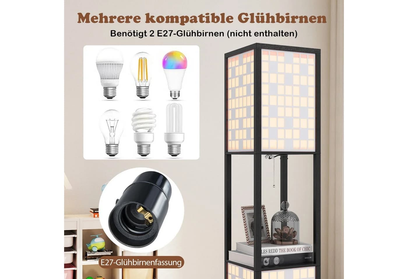 COSTWAY Stehleuchte 156 cm Holzregal Schwarz - Bild 5