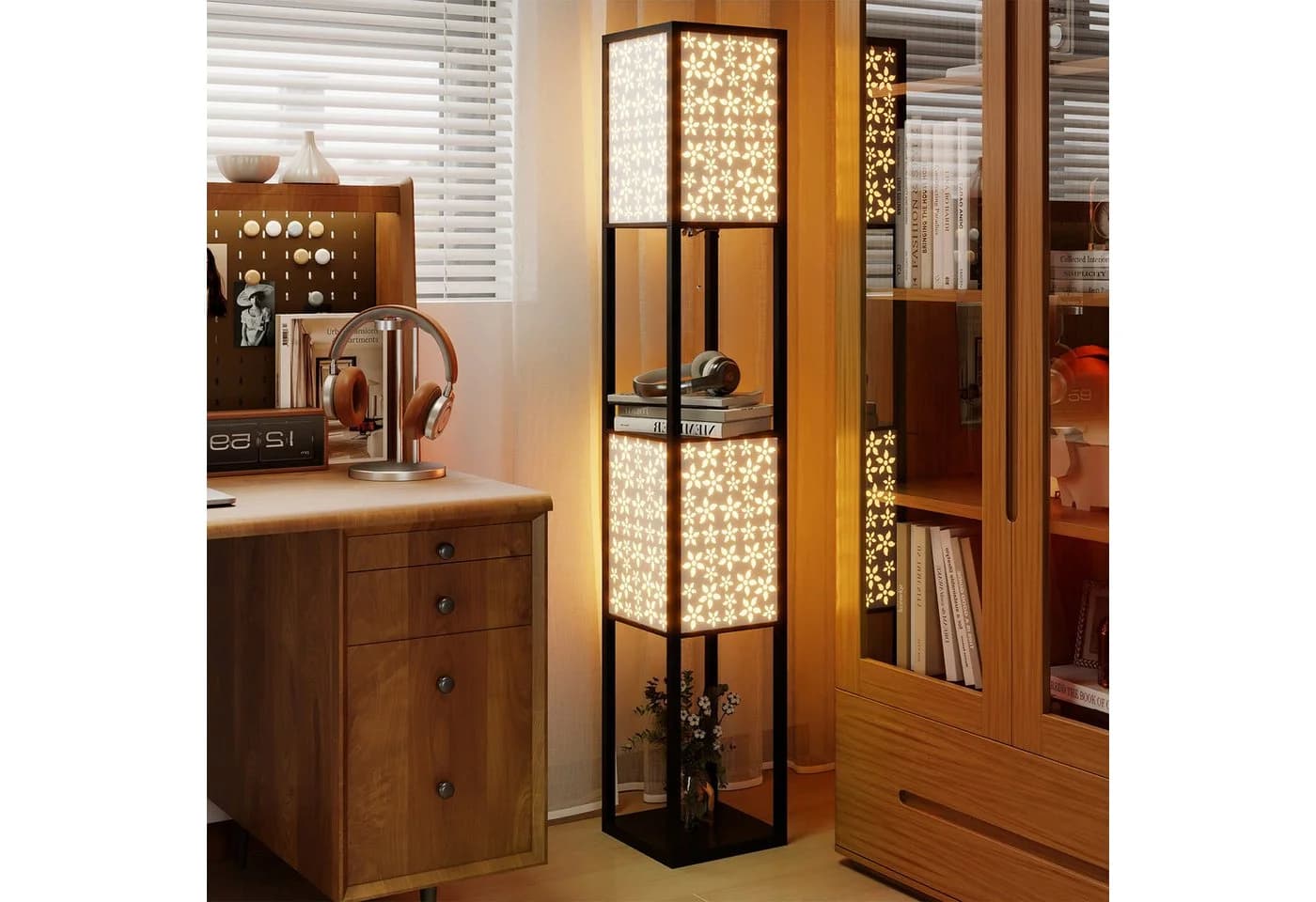 COSTWAY Stehlampe 156cm Holzregal Fußschalter Schwarz