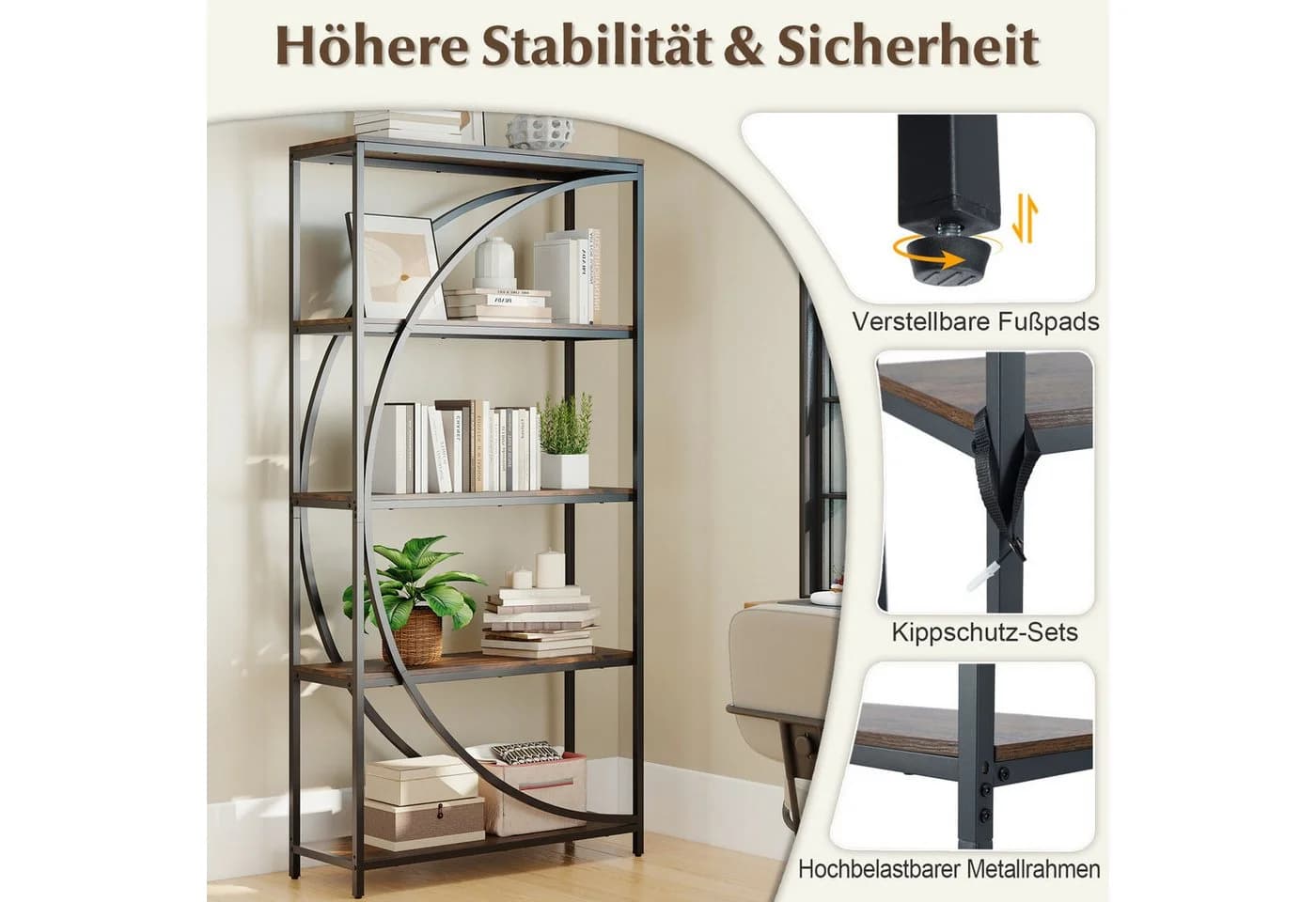 COSTWAY Bücherregal Halbmond-Silhouette Metallrahmen - Bild 5