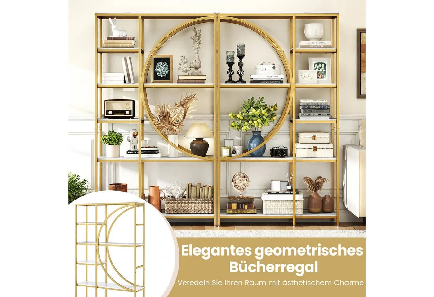 COSTWAY Bücherregal Geometrisch Metallrahmen Weiß/Gold