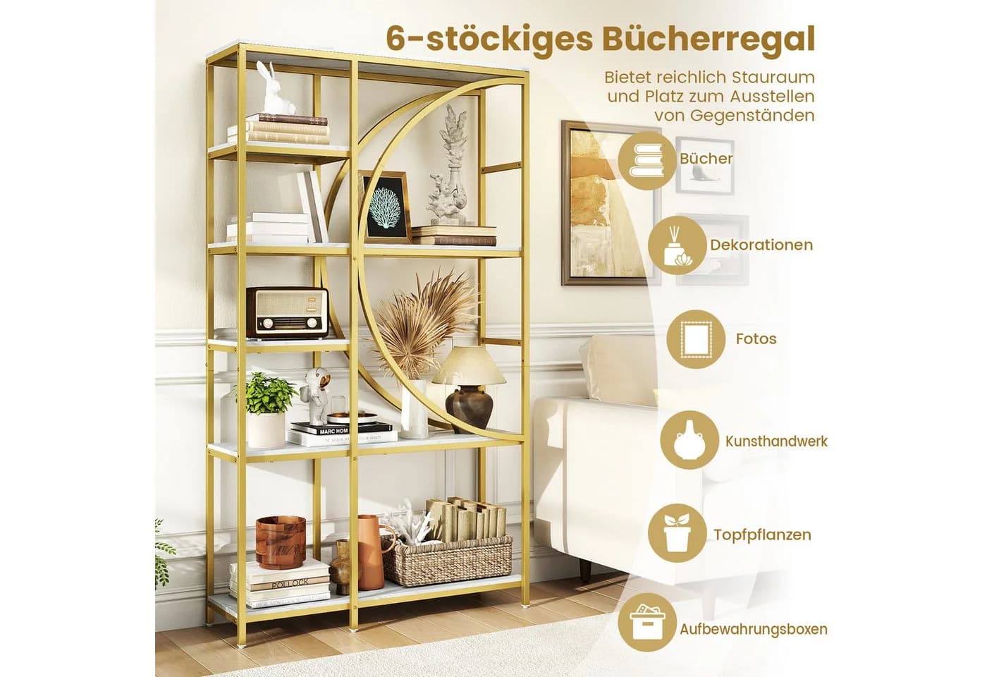 COSTWAY Bücherregal Geometrisch Metallrahmen Weiß/Gold - Bild 3