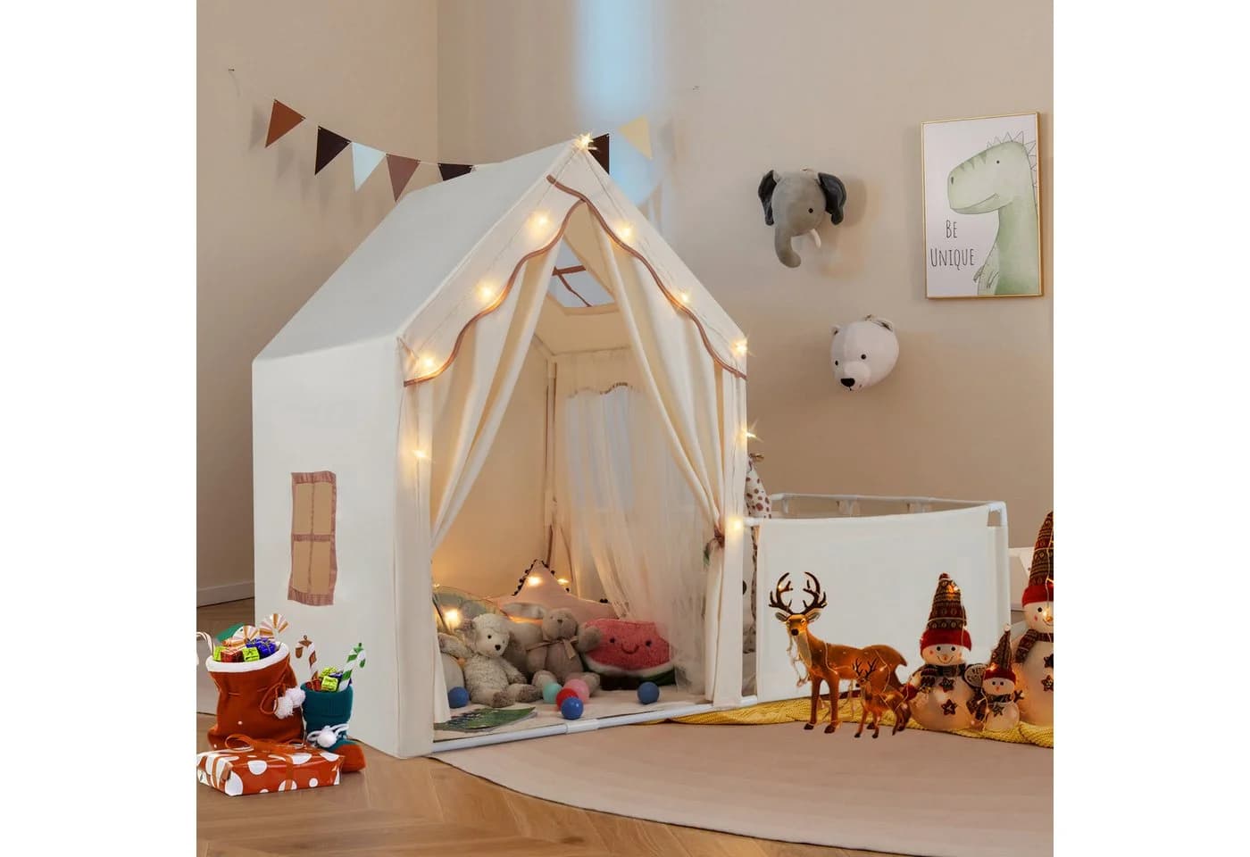 COSTWAY Spielzelt Spielhaus Kinder Indoor Beige Lichterkette Bodenmatte
