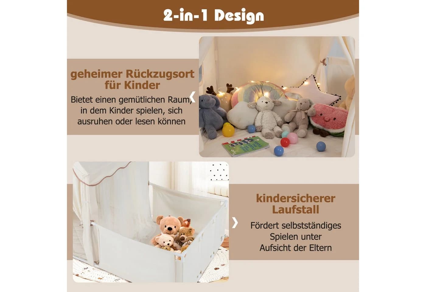 COSTWAY Spielzelt Spielhaus Kinder Indoor Beige Lichterkette Bodenmatte - Bild 3