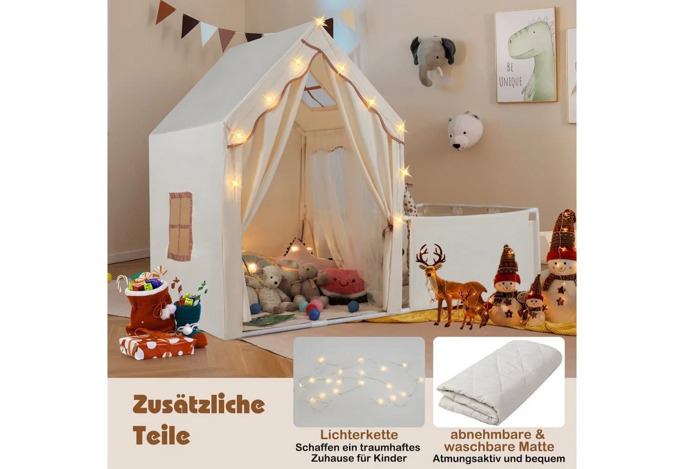 COSTWAY Spielzelt Spielhaus Kinder Indoor Beige Lichterkette Bodenmatte - Bild 4