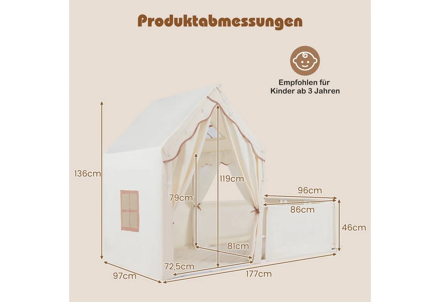 COSTWAY Spielzelt Spielhaus Kinder Indoor Beige Lichterkette Bodenmatte - Bild 5