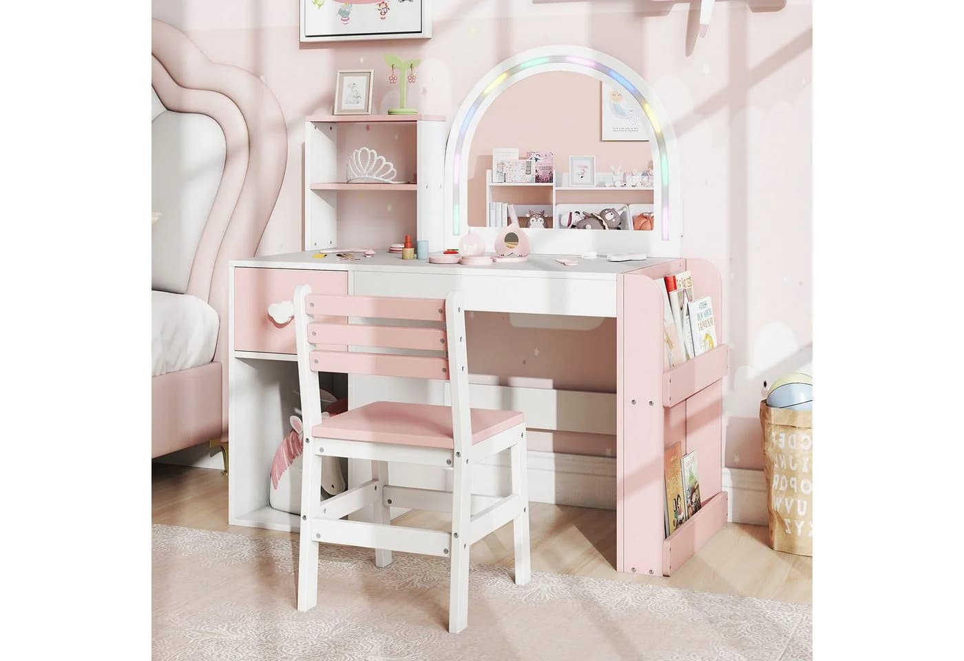 COSTWAY Schminktisch 2-St. mit Spiegel & Beleuchtung Kinder - Bild 2