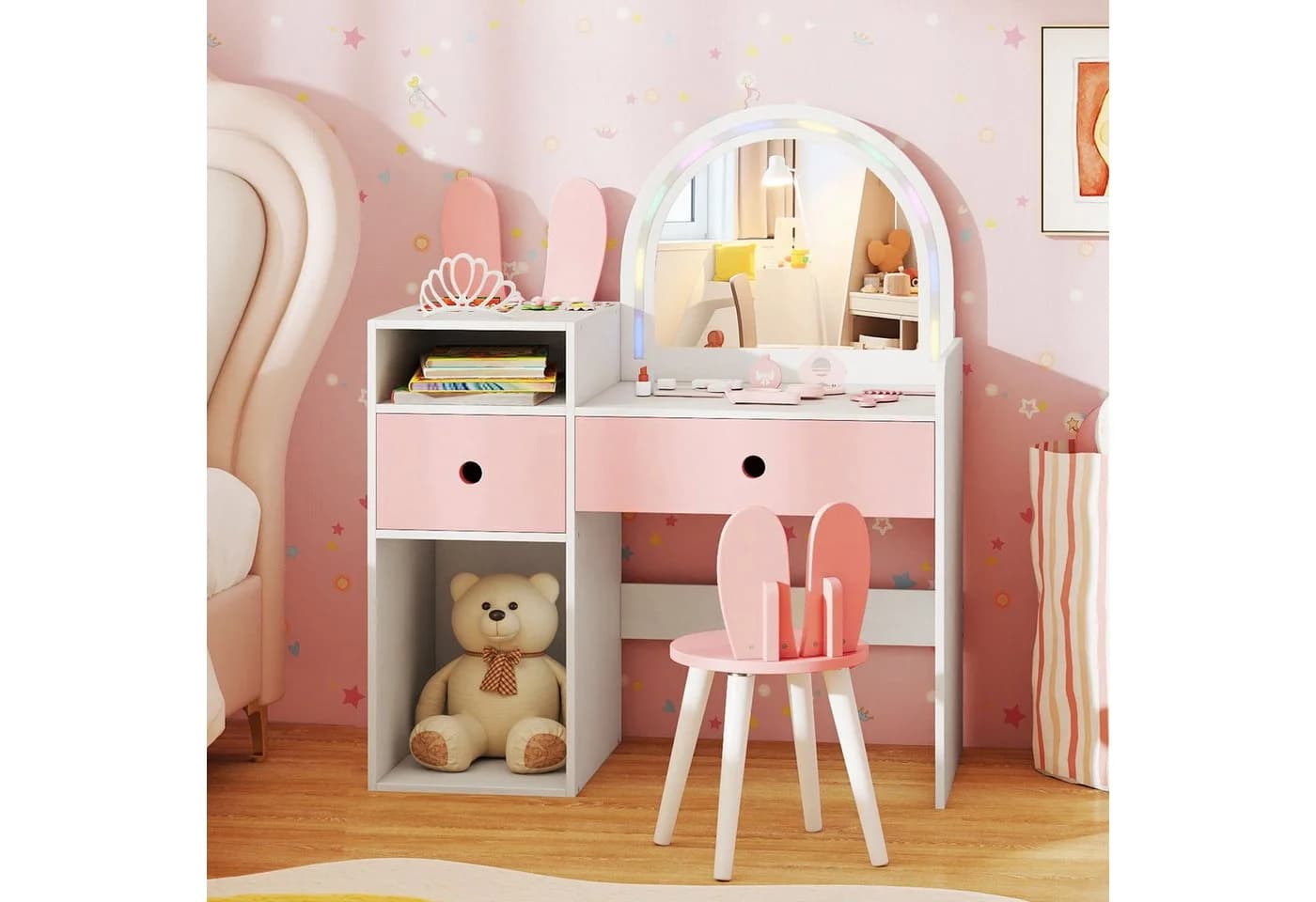 COSTWAY Schminktisch mit Stuhl für Kinder, weiß, beleuchtet - Bild 2