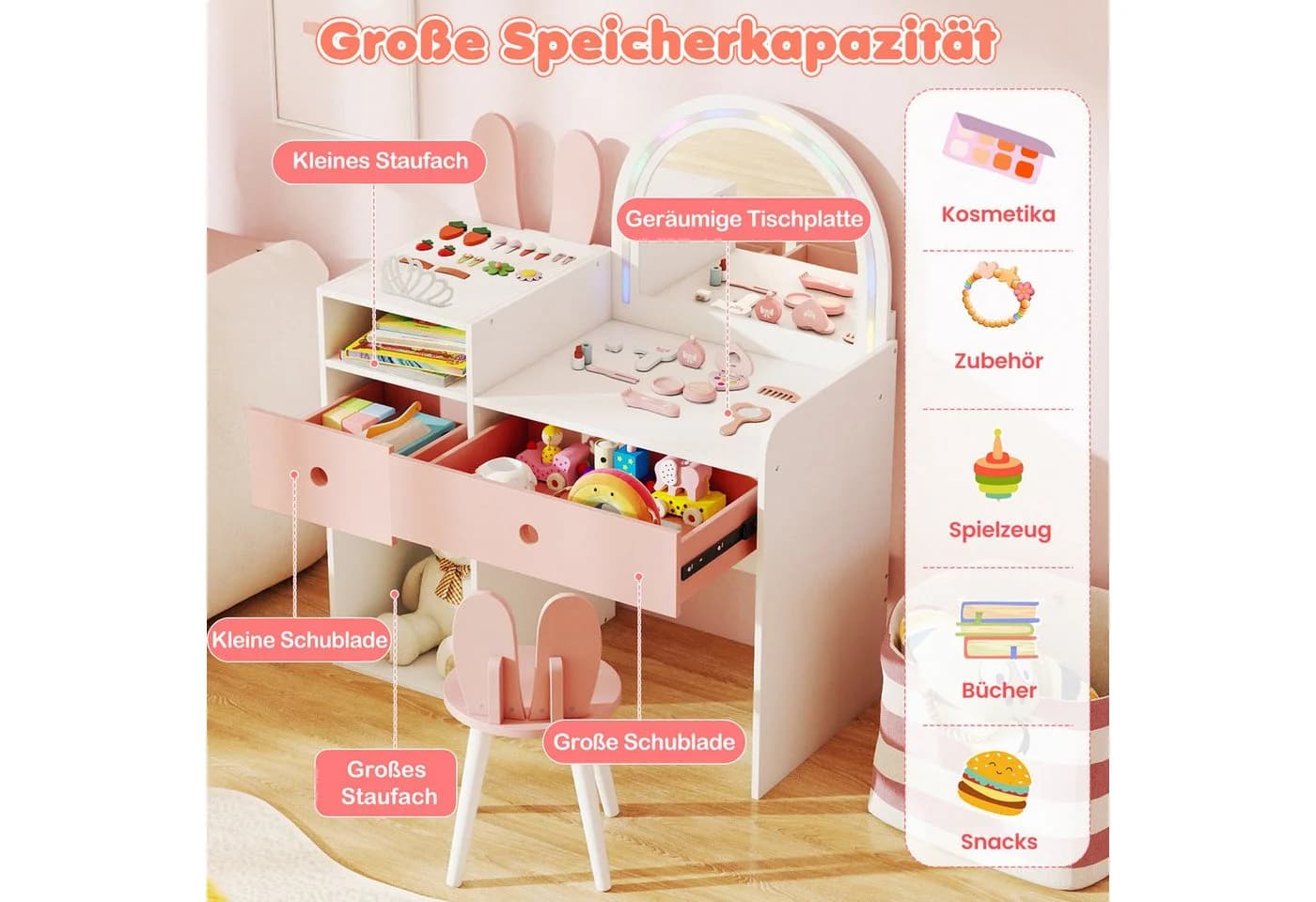 COSTWAY Schminktisch mit Stuhl für Kinder, weiß, beleuchtet - Bild 3