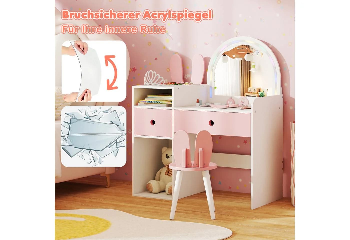 COSTWAY Schminktisch mit Stuhl für Kinder, weiß, beleuchtet - Bild 4