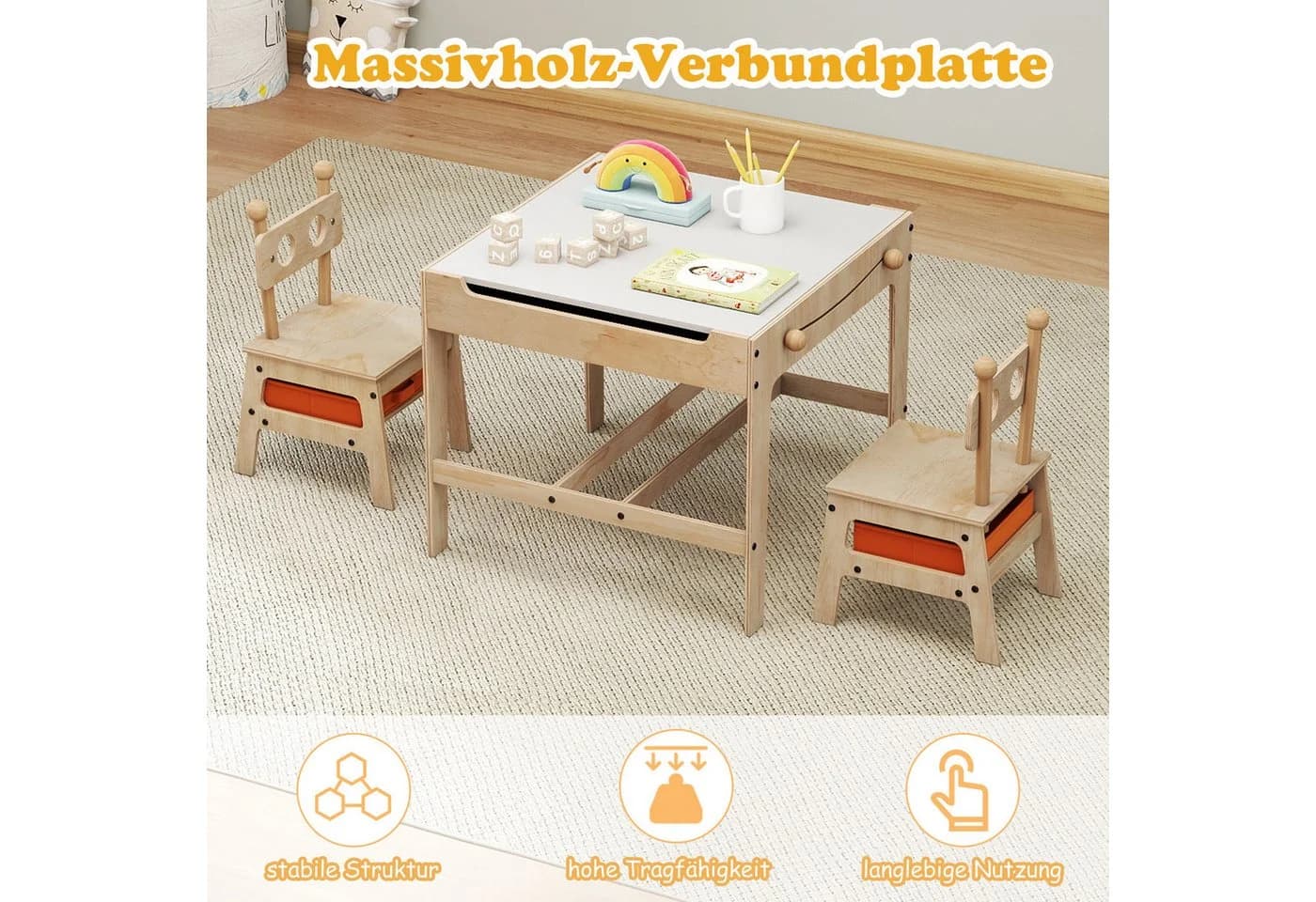 COSTWAY Kindersitzgruppe Aktivitätstisch mit 2 Stühlen Beige