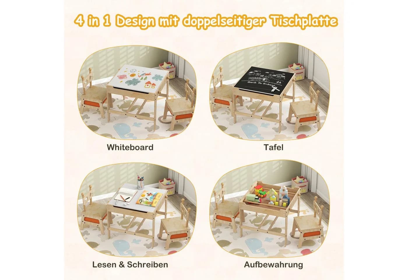COSTWAY Kindersitzgruppe Aktivitätstisch mit 2 Stühlen Beige - Bild 4