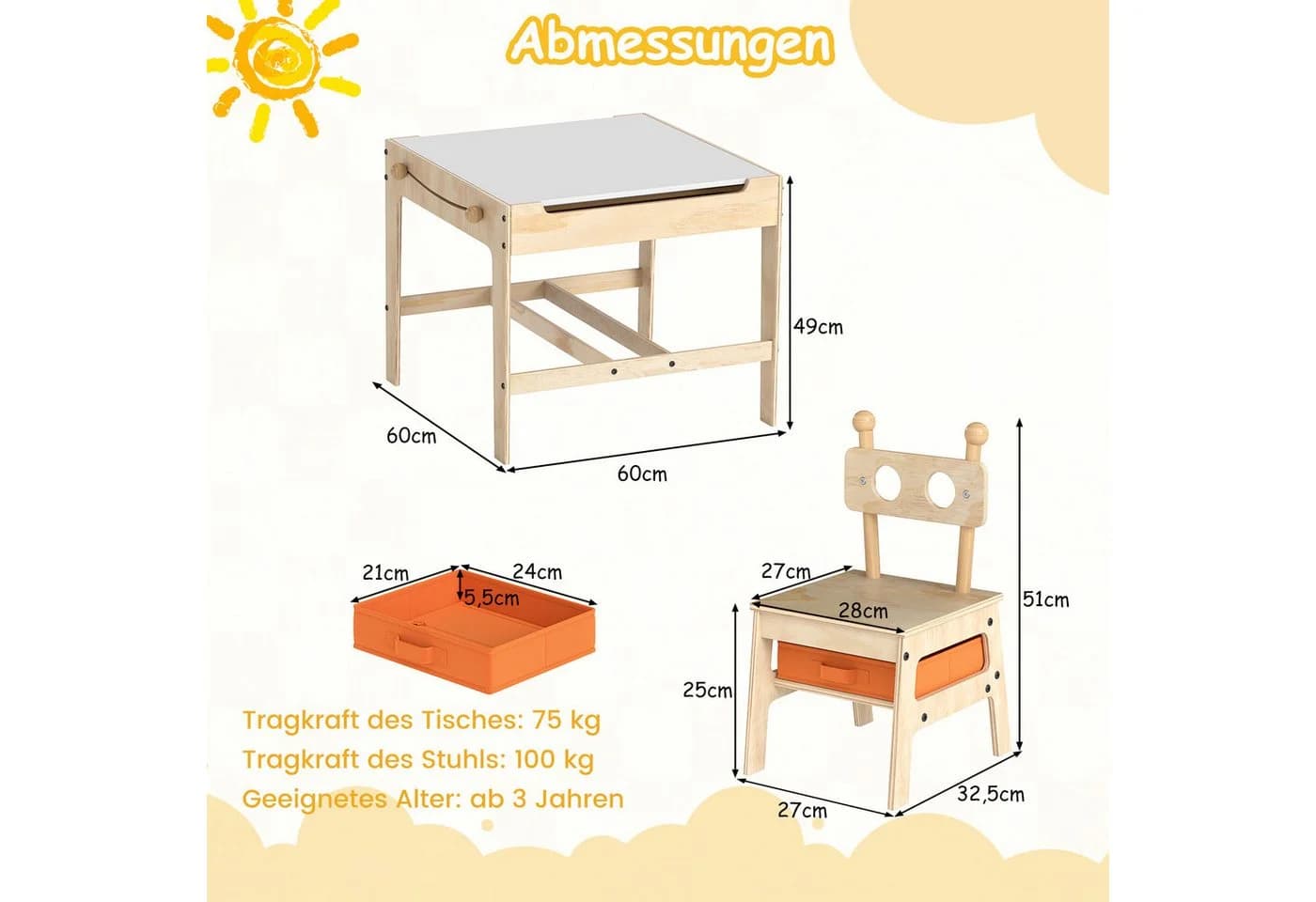 COSTWAY Kindersitzgruppe Aktivitätstisch mit 2 Stühlen Beige - Bild 5