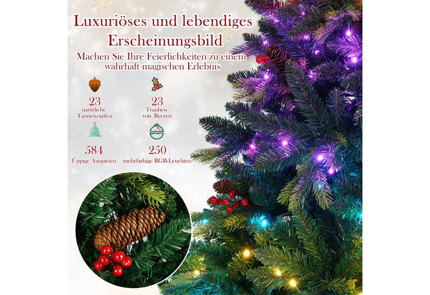 COSTWAY Künstlicher Weihnachtsbaum 150cm 250 RGB-LEDs 584 Zweige - Bild 5