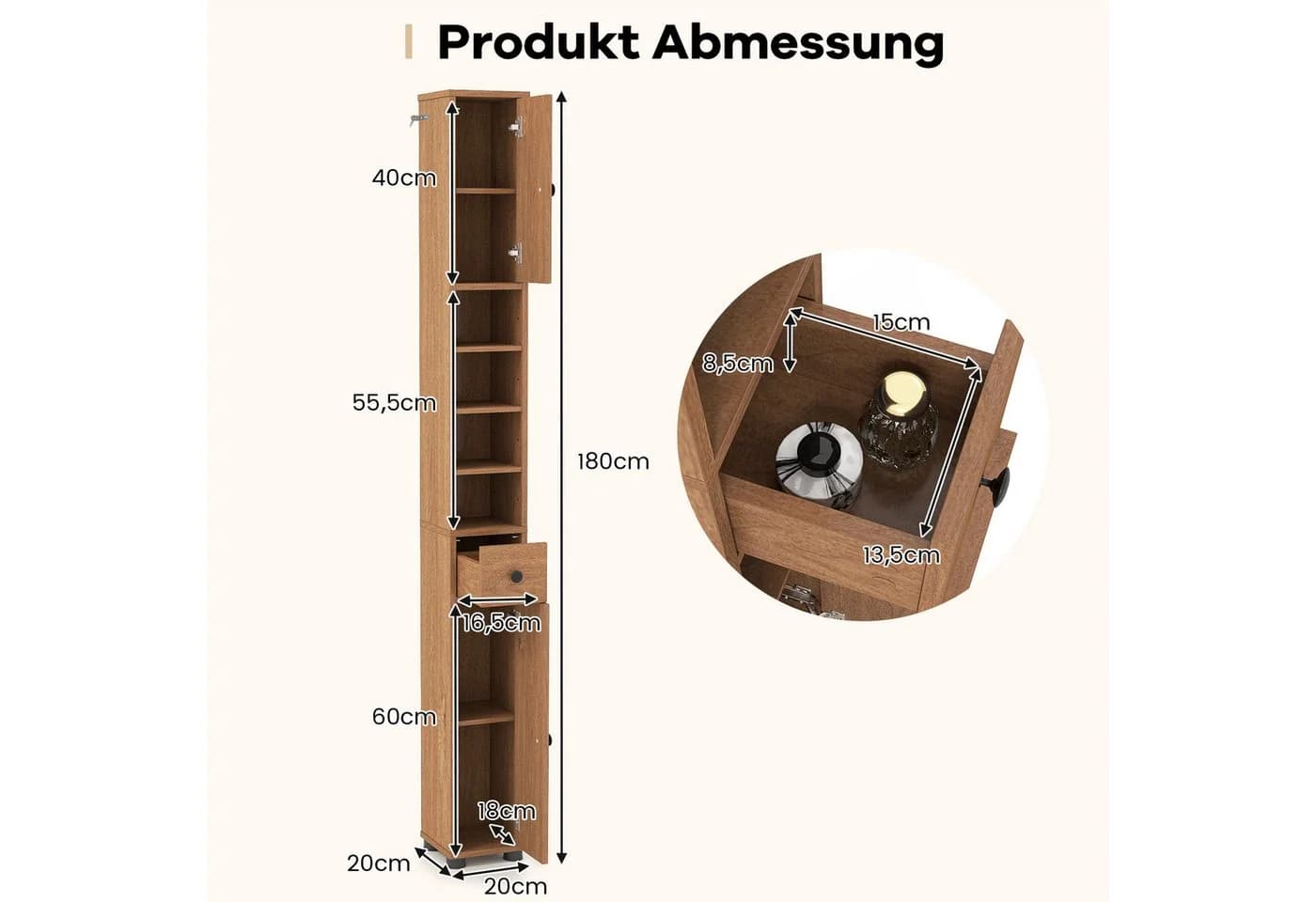 COSTWAY Hochschrank Badschrank schmal 20x20x180cm Weiß - Bild 5