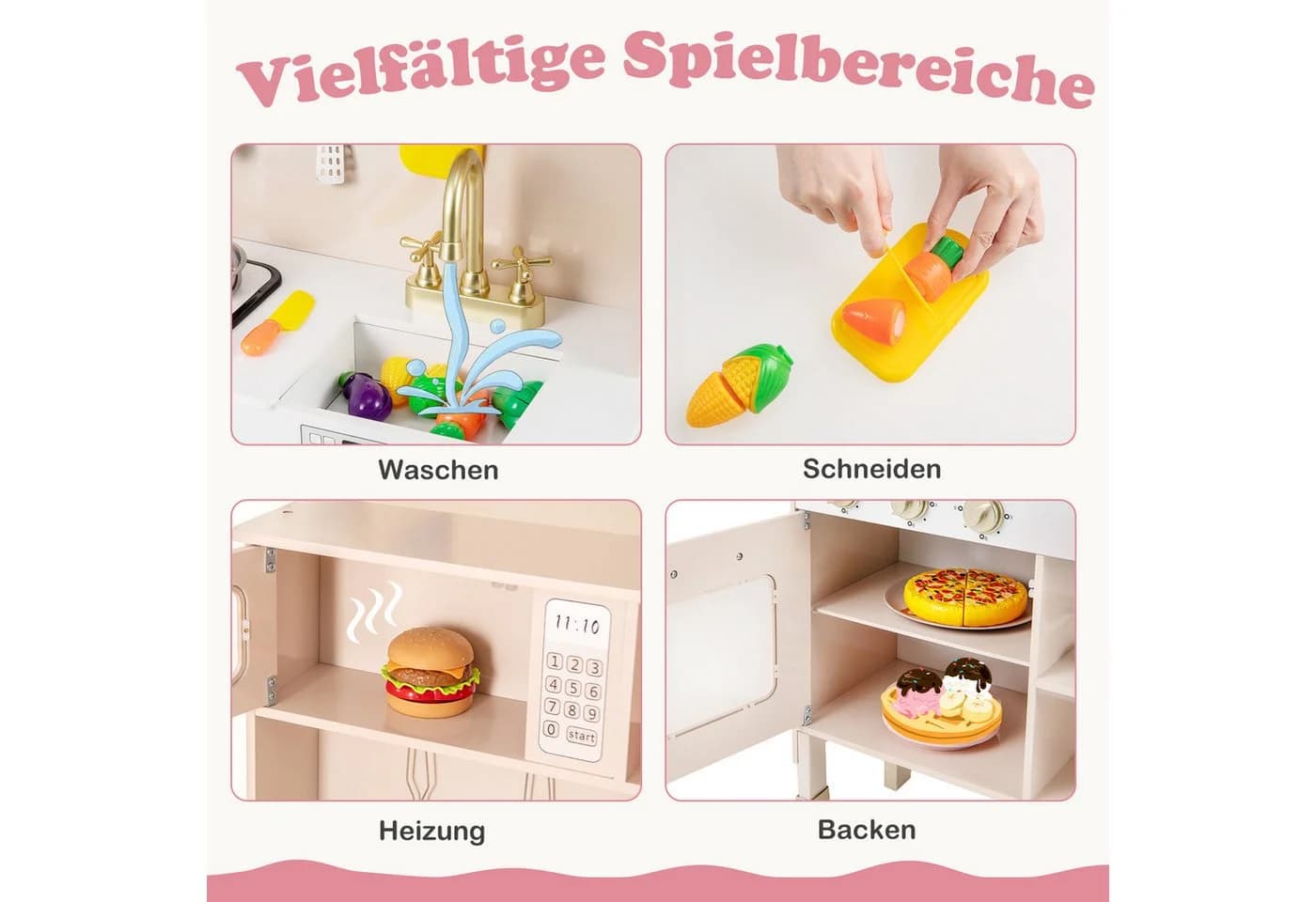 COSTWAY Spielküche Holz Höhenverstellbar Rosa - Bild 4