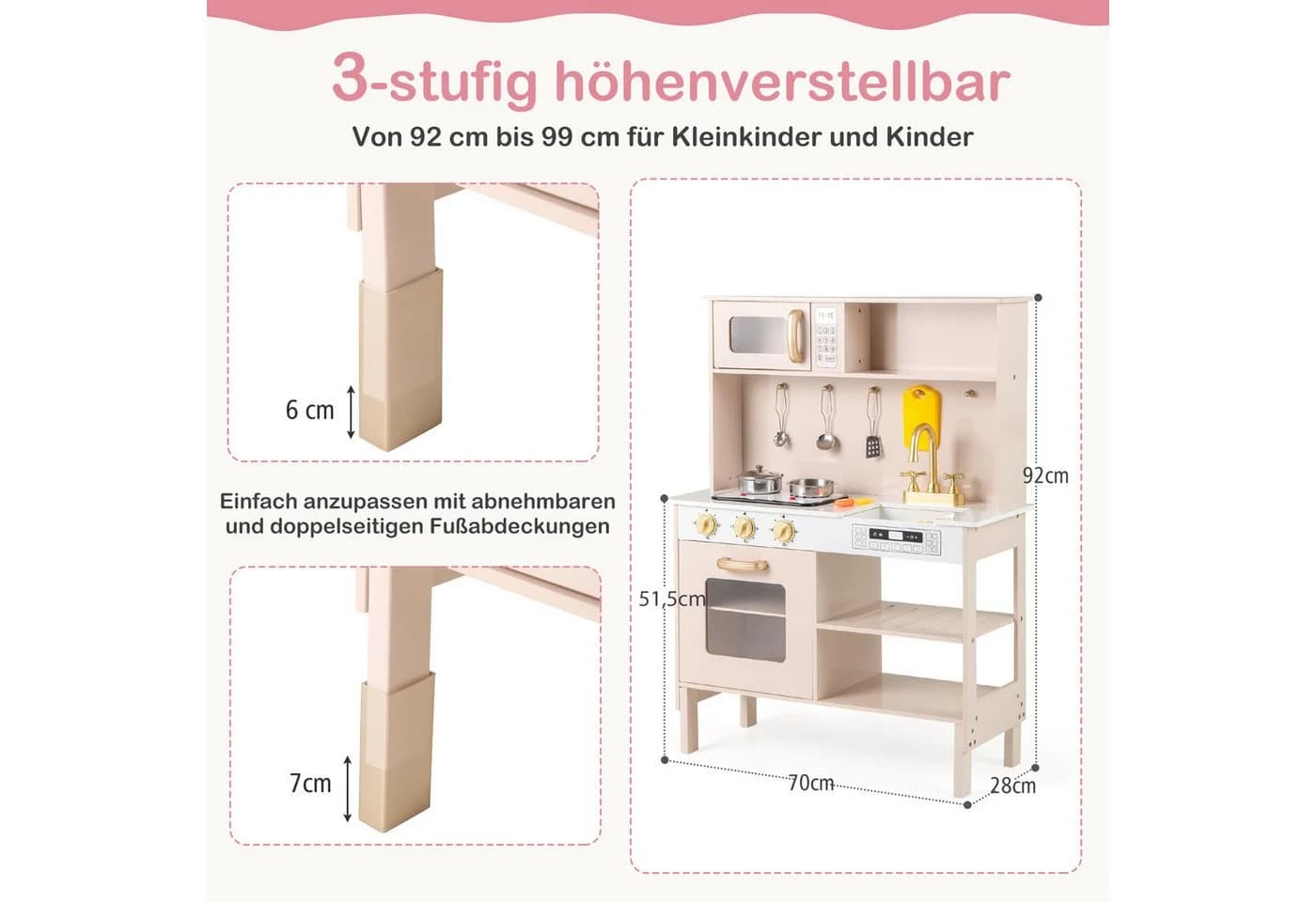 COSTWAY Spielküche Holz Höhenverstellbar Rosa - Bild 5
