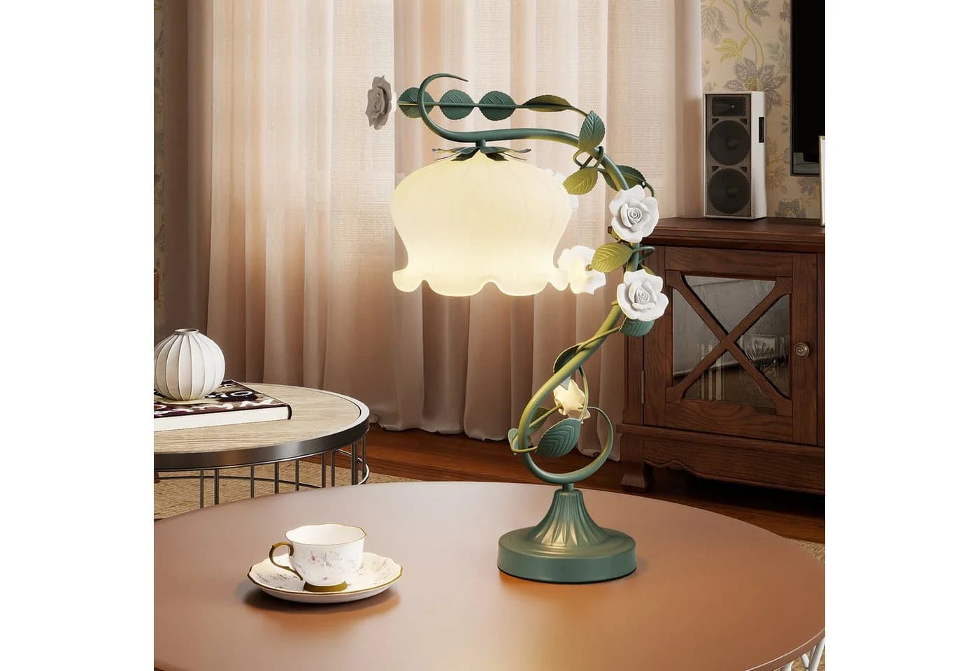 COSTWAY Nachttischlampe 54,5cm Grün Maiglöckchen Lampenschirm 6 Keramikrosen