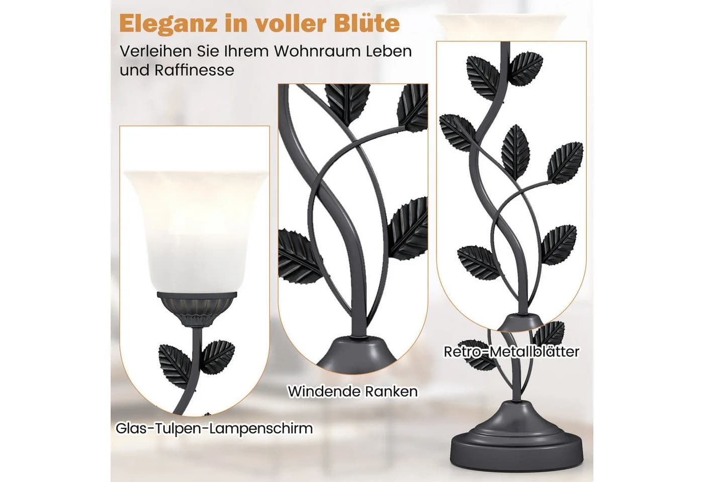 COSTWAY Nachttischlampe 50cm Tulpen-Glaslampenschirm Metallblätter - Bild 4