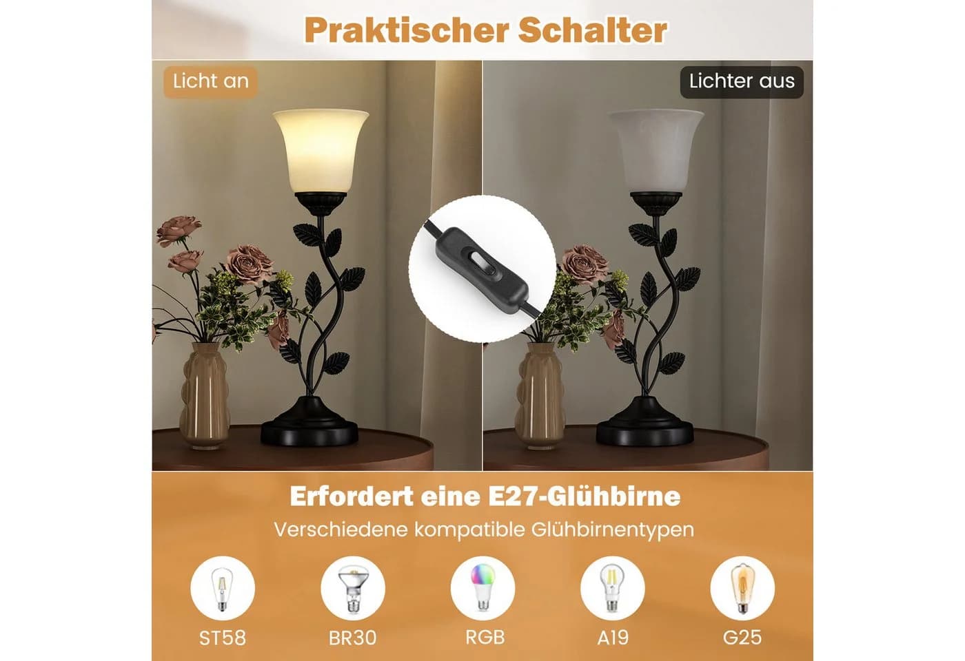 COSTWAY Nachttischlampe 50cm Tulpen-Glaslampenschirm Metallblätter - Bild 5