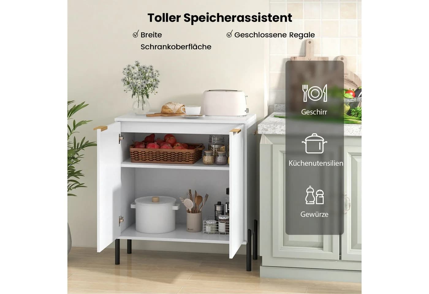 COSTWAY Küchenbuffet mit 2 Türen Weiß Holz Sideboard - Bild 3