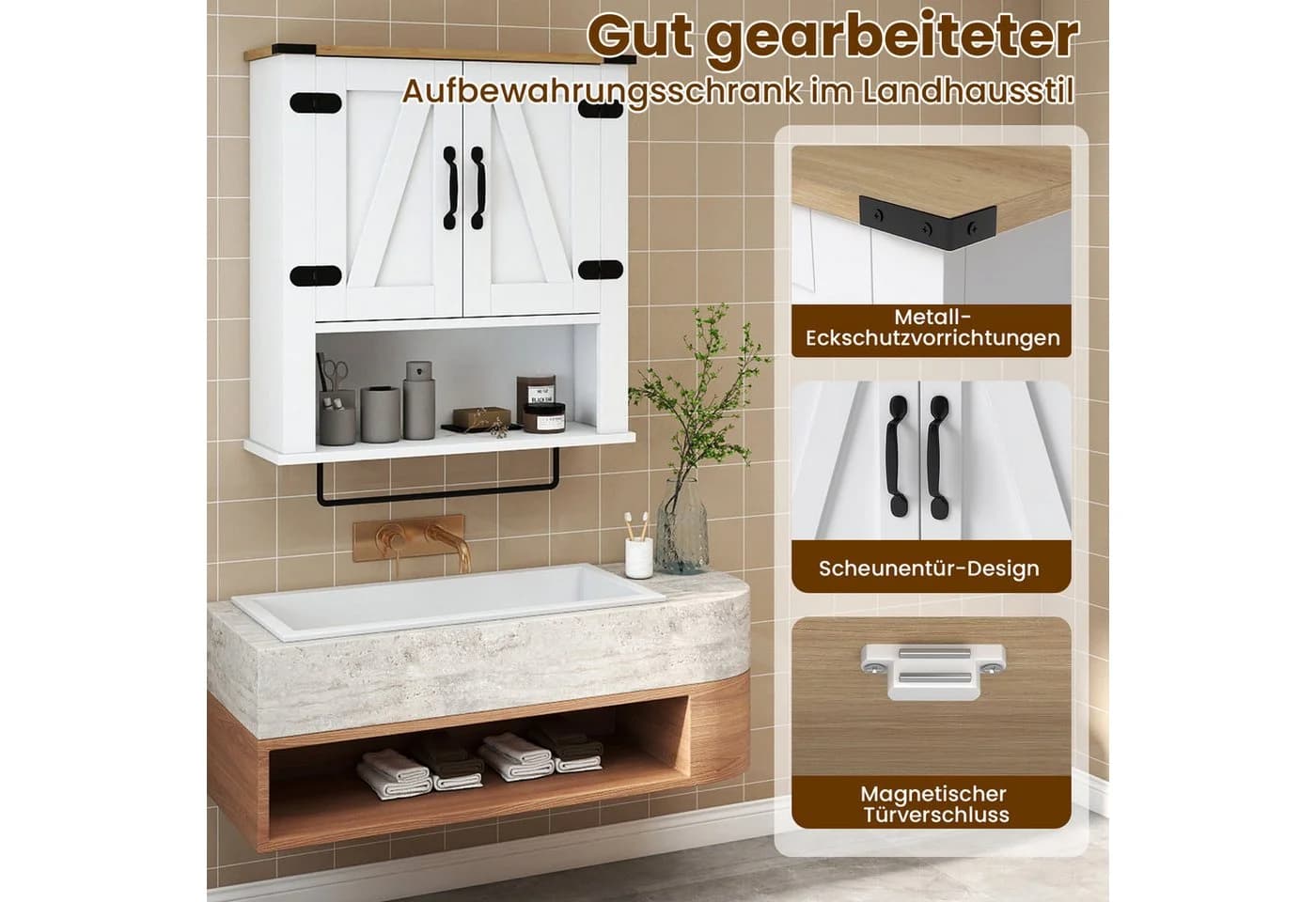 COSTWAY Hängeschrank Küche Badezimmerschrank Landhausstil Weiß - Bild 3