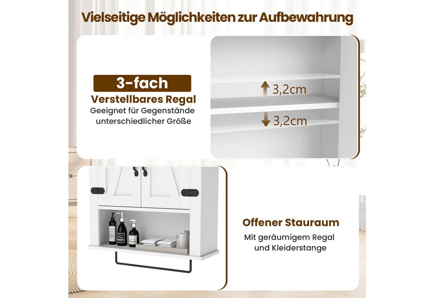 COSTWAY Hängeschrank Küche Badezimmerschrank Landhausstil Weiß - Bild 4