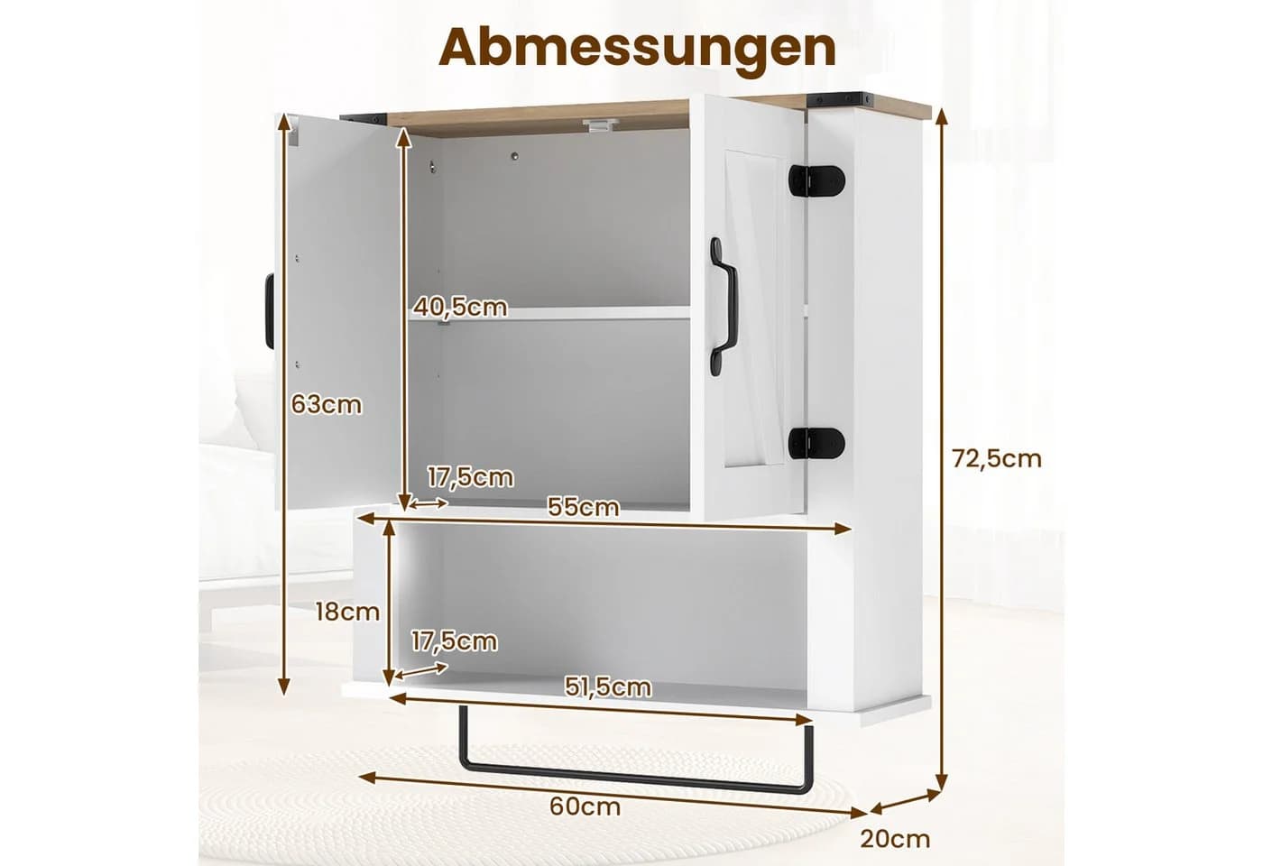 COSTWAY Hängeschrank Küche Badezimmerschrank Landhausstil Weiß - Bild 5