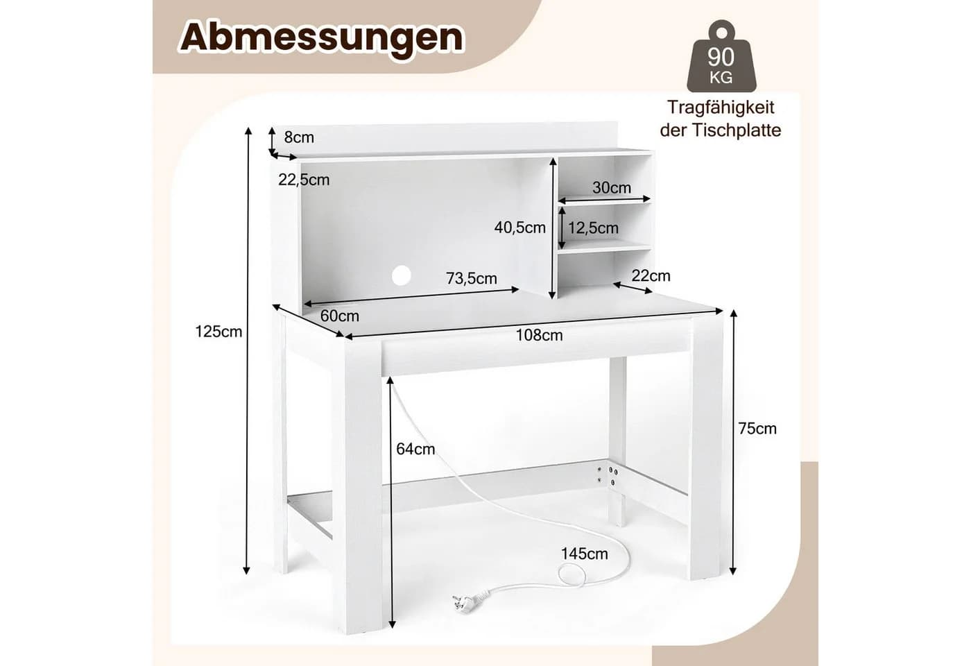 COSTWAY Schreibtisch mit Aufsatzschrank, Steckdosen und Kabeldurchführung - Bild 3